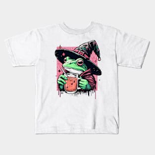 Retro witchy frog drink tea Kids T-Shirt